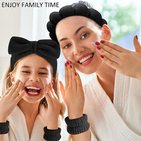 TOBATOBA Skincare Headband, Spa Headband and Wristband Set, Makeup Headband Face Wash Headband, Black Puffy Skin Care Headband Set with Hair Clip,...