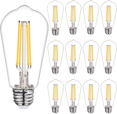 12 PCS ST58 (ST19) LED Edison Bulbs, Dimmable Vintage Antique LED Filament Light Bulbs, 6W Equivalent 60 Watt, Natural White 4000K, 600 Lumens, E2...