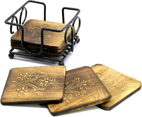 StonKraft Wooden Tea Coffee Coasters/Rustic Vintage Look Coasters Set with Wrought Iron Holder...