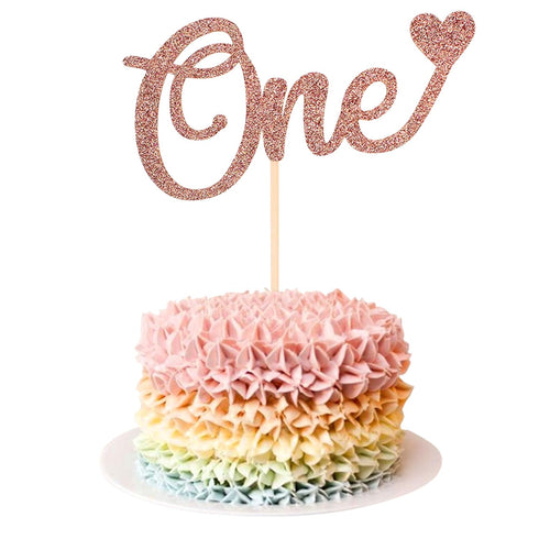Unimall Letter 'One' Heart Cake Topper for 1st Birthday, Rose Gold Glitter Cake Decorating Supplies, First Anniversary, Baby Shower...