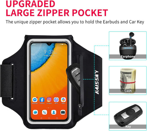 Running Armband with Earphone Bag Cell Phone Armband for iPhone 16/15/14/13/12 Pro, Galaxy S21/S20, Water Resistant Sports Phone Holder & Zipper S...