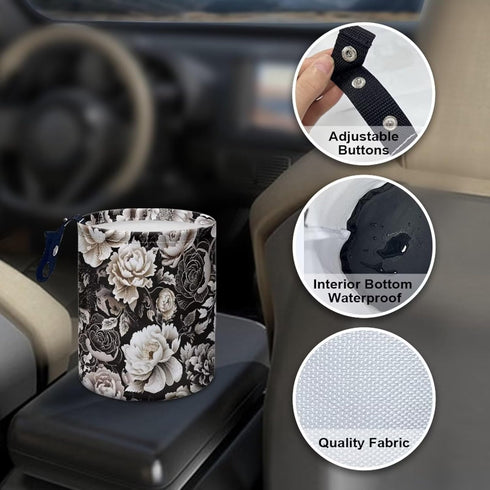 Car Trash Can - Black and White Flowers Printing Garbage Bin Decoration for Car Interior, Front Seat, Back Seat, Floor, Headrest - SUV, Trucks...