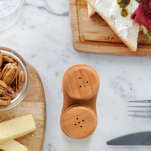 Salt and Pepper Shakers Set with Base Rack, Bamboo Wooden Cute Salt and Pepper Shaker for Kitchen Counter or Table as Farmhouse Countertop Decorat...