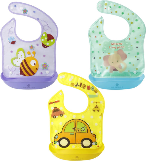 Amplim Baby Feeding Bib (3-Pack) Toddler/Baby Bibs for Eating. Waterproof, Adjustable, Lightweight. Eco-friendly PEVA material. BPA, Lead, Phthala...