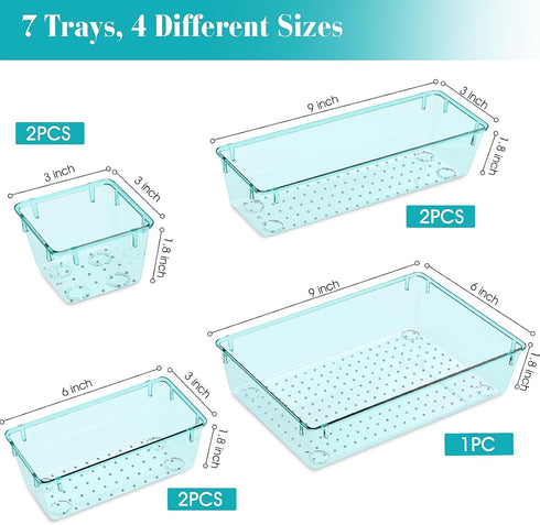 7 PCS Clear Plastic Drawer Organizers Set, 4 Size Desk Drawer Organizer Trays for Makeup, Jewelry, Kitchen Utensils, Gadgets and Office Accessorie...