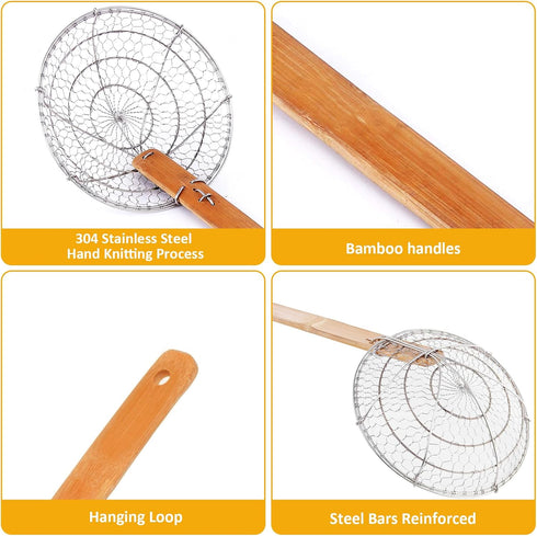 Stainless Steel Spider Strainer Asian Kitchen Wire Food Cooking Skimmer With Natural Bamboo Handle, 6-Inch, Hand-Made...