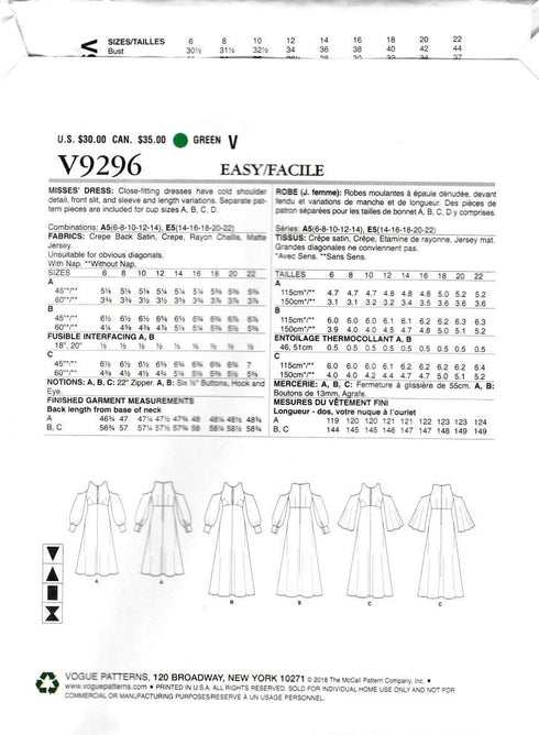 Vogue V9296 Women's Special Occasion Dress Sewing Pattern, Sizes 14-22...