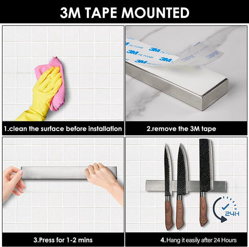 10 Inch Magnetic Knife Strip No Drilling - Upgraded Stainless Steel Magnetic Knife Holder for Wall with 3M Type, Magnet Knife Strip Bar Rack for K...