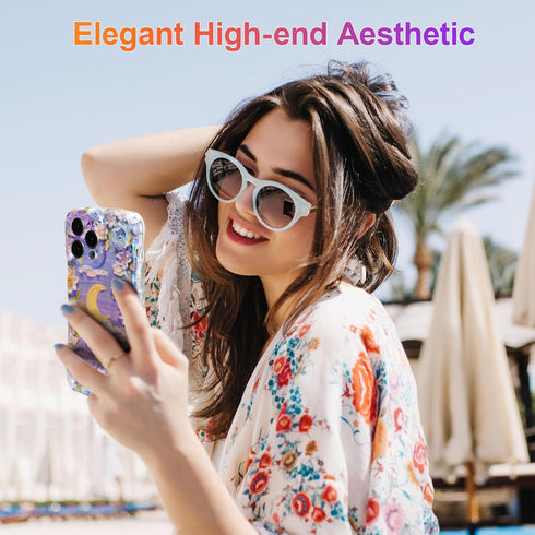 EYZUTAK Case for iPhone 13 Pro Max, Colorful Retro Oil Painting Flower Moon Pattern Laser Cute Curly Wave Edge Exquisite Phone Cover Stylish Durab...