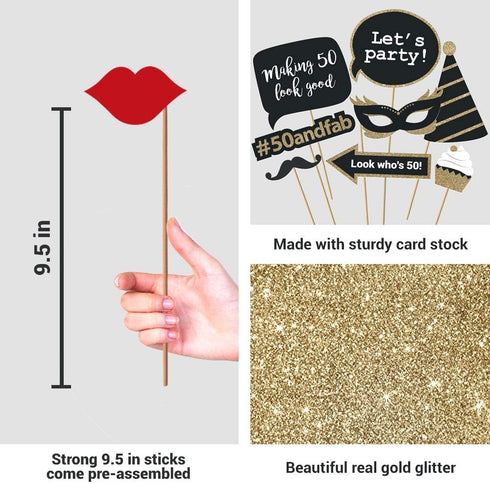 Fully Assembled 50th Birthday Photo Booth Props - Set of 30 - Black & Gold Selfie Signs - 50th Party Supplies & Decorations - Cute Bday Designs wi...