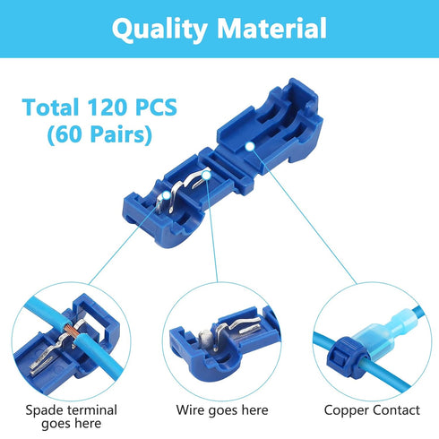 120 Pcs Quick Splice Wire Terminals, Male & Female Blue T-Tap Self-Stripping Quick Splice Connectors, Nylon Fully Insulated Quick Disconnects Kit ...