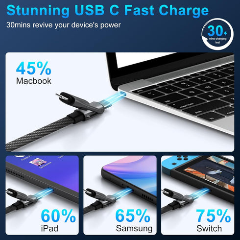 4 in 1 Multi Charging Cable, PD 60W Fast Charging USB C Multi Charger Cable, Zinc Alloy Flat Braided with Velco Strap Charging Cords for Multiple ...