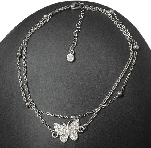Butterfly Anklets For Women Silver Rhinestone Decor Bead Chain Cute Dainty Trendy Adjustable Layered Butterfly Anklet Bracelet Foot Chain Jewelry ...