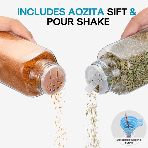 AOZITA 14 Pcs Glass Spice Jars with Spice Labels - 8oz Empty Square Spice Bottles - Shaker Lids and Airtight Metal Caps - Chalk Marker and Silicon...