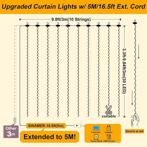 Warm White Curtain Light for Bedroom, 300 LED 9.8ft x 9.8ft Window Fairy Curtain String Light with 16 Hooks, 8 Models Remote Control for Wedding P...