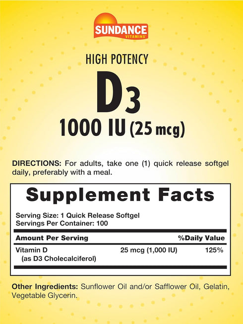 Sundance Vitamin D3 | 1000iu | 100 Softgels | High Potency Formula | Non-GMO and Gluten Free Supplement...