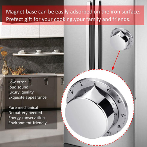 Kitchen Timer, Chef Cooking Timer Clock with Loud Alarm, No Batteries Required, 100% Mechanical - Magnetic Backing, Exquisite Stainless Steel Body...