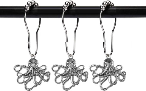 Set of 12 Octopus Shower Curtain Hooks Decorative Home Bathroom Squid Sea Creature Beast Stainless Steel Rustproof Brushed Nickel Rings with Octop...