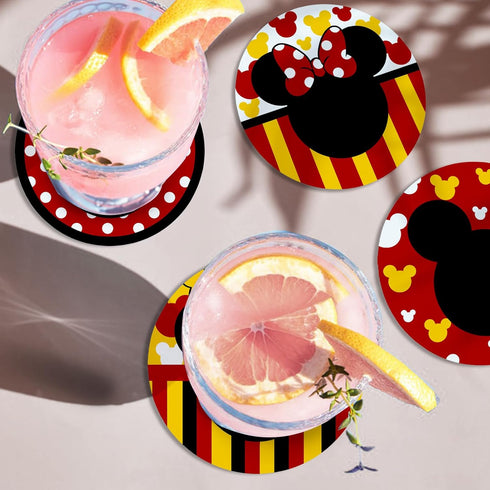 Cute Cartoon Mouse Drink Coasters with Holder Set of 6, Red Yellow Absorbent Ceramic Cup Mat for Coffee Table Protection, 4 Inch Polka Dot Stripes...