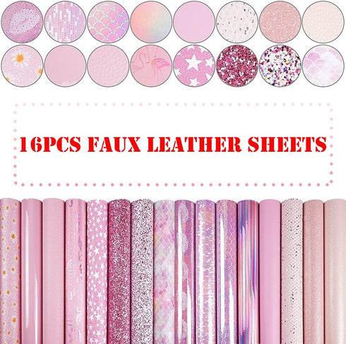 16 Pieces 8x6 Inch Pink and Baby Pink Series Faux Leather Fabric Sheets Include Metallic Litchi Fine Chunky Glitter Holographic Flamingo Patent Em...