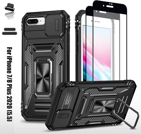 LMDAMZ Heavy Duty Case for Apple iPhone 7 Plus/8 Plus, Military Grade Dual Layer Hybrid Cushioning Rubber Bumper Protector with Slide Camera Prote...