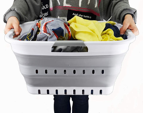 SAMMART 30L (8 gallon) Collapsible 3 Handled Plastic Laundry Basket - Foldable Pop Up Storage Container/Organizer - Space Saving Hamper/Basket (Wh...