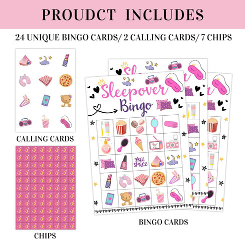 Sleepover Party Bingo Game, 24 Player Pajama Bingo Cards Set for Family Friend Activity, Sleepover Party Favor Decoration Holiday Supplies -a11...