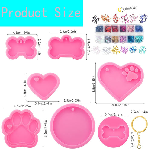 7 Pieces Dog Bone Shaped Keychain Silicone Resin Molds Set Heart Cat Paw Mold Dog Tag Charm Resin Molds with 10Pcs Blank Keychains Small Letters D...