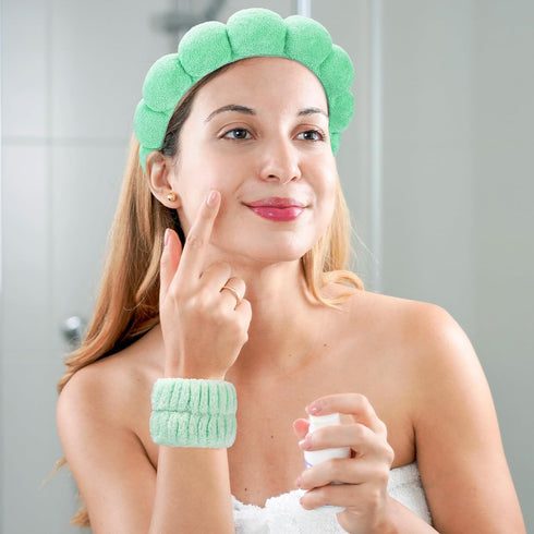 Spa Makeup Headbands for Washing Face, Set of 2 Skincare Headbands 2 Wristbands 2 Scrunchies and Cute Hair Clips, Bubble Hairband Puffy Makeup Hea...