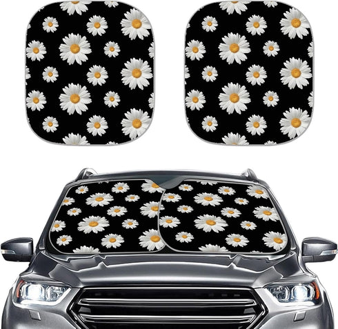 Fashion Daisy Windshield Sun Shade, Flower Designs Auto Car Truck SUV Vehicle Universal-fit Front Windshield Sunshade Pack of 2 Car Front Sun Viso...