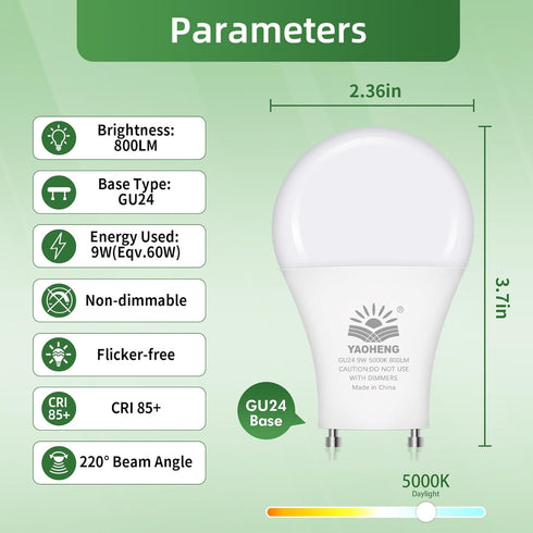 GU24 LED Light Bulb, 9W(60W Equivalent), 5000K Daylight, A19 Shape GU24 LED Bulb, 800 Lumens 2 Prong Light Bulbs, CRI 85+, Non-Dimmable ETL Listed...