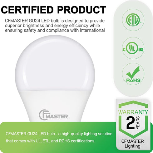 GU24 LED Light Bulb, 3000K Warm White, 9W(100W Equivalent), 800 Lumens, A19 Shape GU24 LED Bulbs, Twist and Lock GU24 Pin Base with Two Prongs, No...