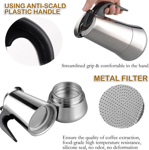 2 Cup 100ML 3.3oz Stovetop Espresso Maker Stainless Steel Moka Pot Espresso Maker Percolator Italian Coffee Maker Capable Moka Coffee Machine Cafe...