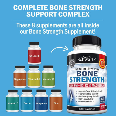 Bone Strength Supplement with Calcium Magnesium Vitamin D3 K2 Zinc (60 Day Supply) 8 Bone Building Nutrients for Bone & Muscle Support - High Abso...