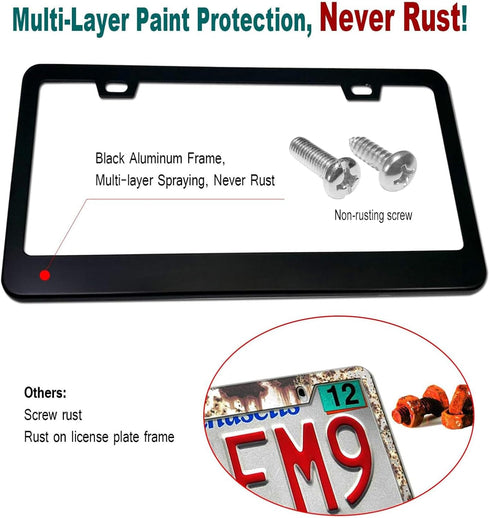 Aootf License Plate Frames- Matte Black Aluminum Car Tag Cover, 2 Pack Heavy Duty Front & Rear Holders for Women/Men, with Screws Bolts, Tire Valv...