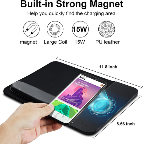 15W Wireless Charging Mouse Pad with Detachable Wrist Support, Fast QI Phone Charger Mouse Mat for iPhone 14/13/12/11/X/8 and Samsung Multiple Mob...
