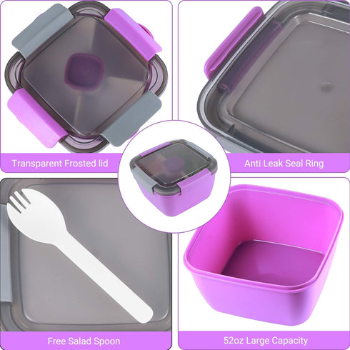 Freshmage 52-oz Lunch Container To Go - Salad Bowl With 3 Compartments and Dressing Container for Toppings, Snacks - for Men, Women (Purple)...