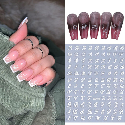 6 Sheets English Letters Nail Stickers for Nail Art Supplies 3D Self-Adhesive Gold White Laser Black Retro Letters Design Nail Art Stickers Alphab...