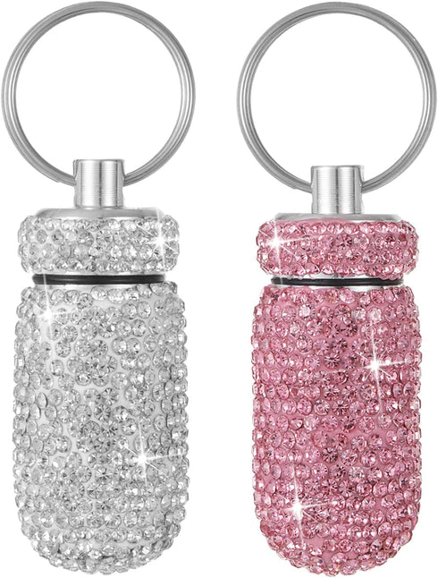 Bling Pill Case Portable Travel Pill Container Bottle Rhinestone Waterproof Small Pill Holder with Keychain Cute Mini Pill Storage Box for Outdoor...
