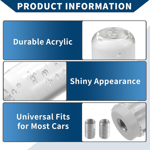 Shift Knob W/ 2 Adapter/Front Gear Shifter Knob for Automatic Manual Vehicles/Faux Crystal Acrylic 10cm / 1 Set Clear...