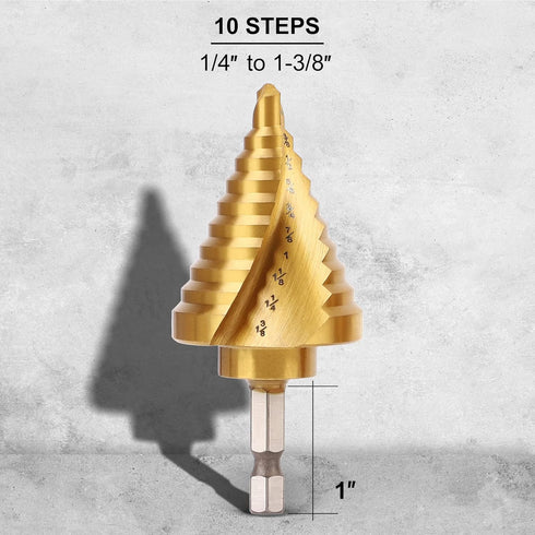 COMOWARE Hex Shank HSS Step Drill Bit with Two Spiral Flutes and Titanium Coating - 10 Step Sizes (1/4” – 1-3/8”) - Ideal for Metal, Stainless Ste...