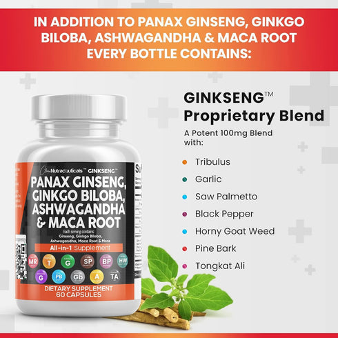 Clean Nutraceuticals Panax Ginseng 10000mg Ginkgo Biloba 4000mg Ashwagandha Maca Root 3000mg - Focus Supplement Pills for Women and Men with Pine ...