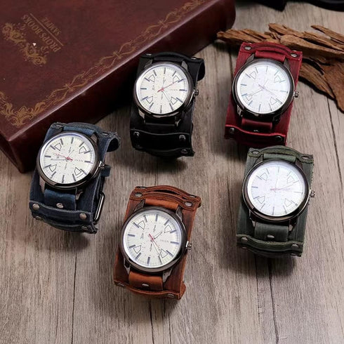 Handmade Men Watches Vintage Punk Hip-hop Gothic Wide PU Leather Fashion Cuff Round Dial Quartz Wristwatch Big Dial Black Brown...