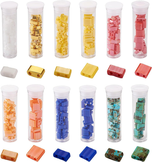 375Pcs 5mm Tila Beads Glass Seed Beads 12 Styles Square Beads 2 Hole Tile Beads Rectangle Carrier Beads Kit for DIY Crafts Bracelets Jewelry Makin...