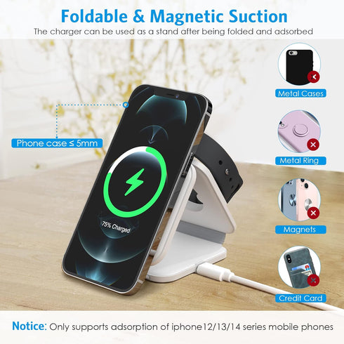 Criacr 3 in 1 Foldable Wireless Charging Station,3in 1 Wireless Charger,Travel Charger for Multiple Devices,Magsafe Charger for iPhone 15/14//13/1...
