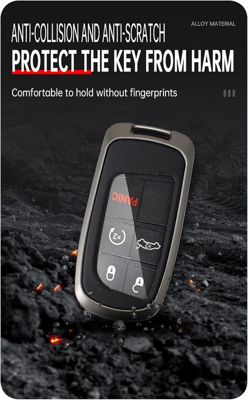 ontto Car Key Fob Cover Fit for Jeep Grand Cherokee Key Remote Metal Frame and Leather Key Shell Full Protector Fit for Dodge Challenger Charger D...