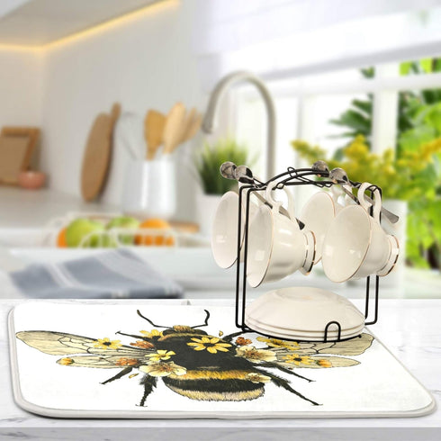 Bee Flower Cute Dish Drying Mat Countertop Protector Kitchen Decor 16" × 18"...