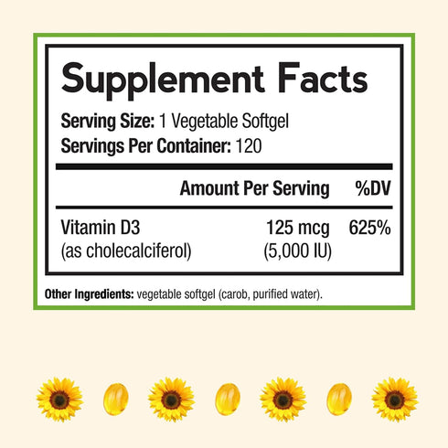 Doctor's Recipes Vitamin D3 5000IU, Immune Support for Bones, Teeth, and Immune Function, Non-GMO, No Gelatin, Gluten or Soy, 120 Vegetarian Softg...