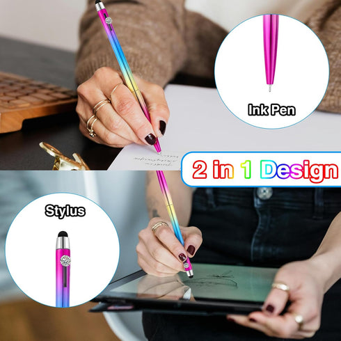 2 in 1 Ballpoint Pen with Stylus Tip Diamond Pen Fine Point Pens with Ink Pens with Stylus Tips 0.7mm Chinese Pens Black Ink Pens Rainbow Colors B...