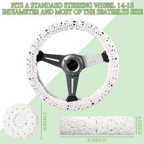 5 Pcs Crochet Steering Wheel Cover with 2 Crochet Belt Covers 2 Pcs Crochet Car Mats 1 Pcs Sunflower Steering Wheel Cover Handmade Crochet Flower ...